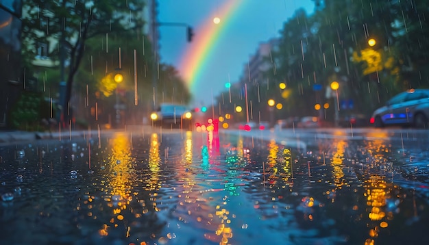 Free photo rainbow at the end of a road landscape