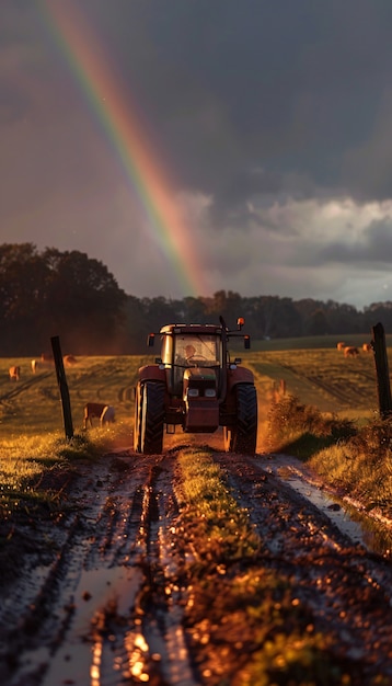 Free Photo rainbow at the end of a road landscape