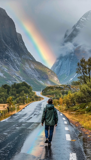 Free Photo rainbow at the end of a road landscape