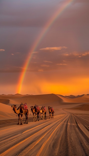 Free Photo rainbow at the end of a road landscape