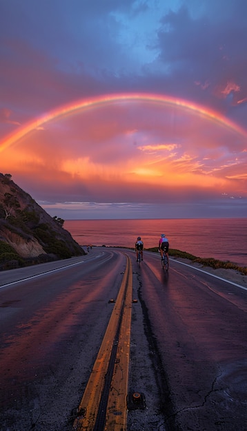 Free photo rainbow at the end of a road landscape