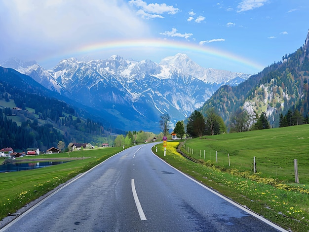 Free photo rainbow at the end of a road landscape