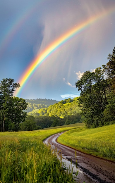 Free photo rainbow at the end of a road landscape