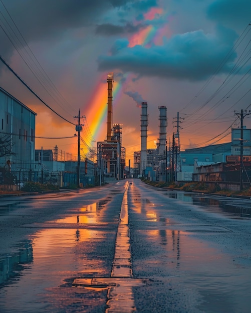 Rainbow at the end of a road landscape