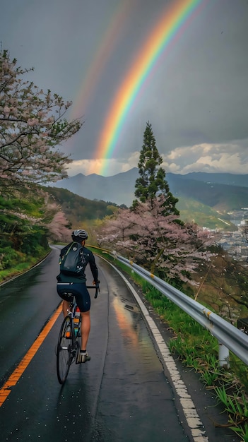 Free photo rainbow at the end of a road landscape