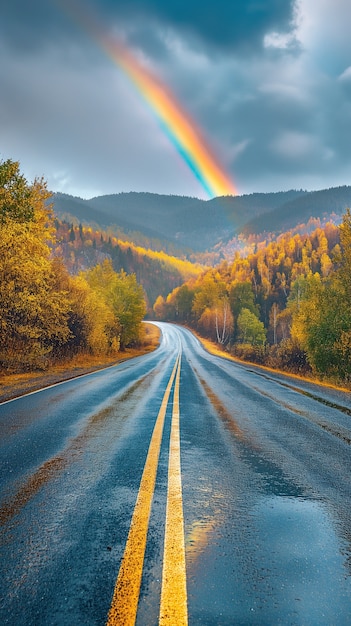 Free photo rainbow at the end of a road landscape