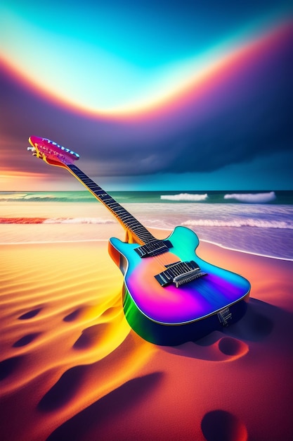 Free photo a rainbow guitar on the beach with the word music on it