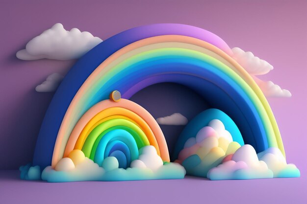 A rainbow is surrounded by clouds and a purple background.