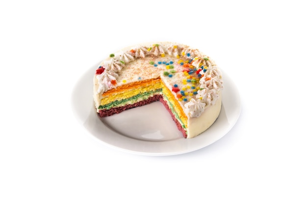 Rainbow layer cake isolated on white background