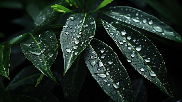 Free Photo raindrops glistening on dark leaves set against a deep black background