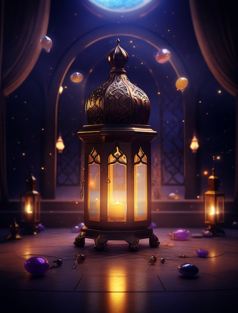 Ramadan background with mosque illuminated with candles