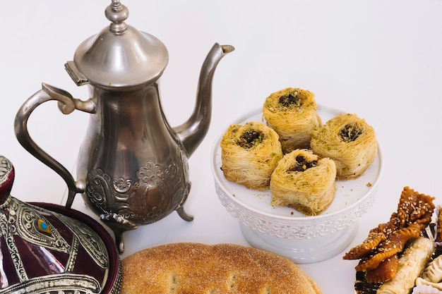 Ramadan composition with tea pot and arab food