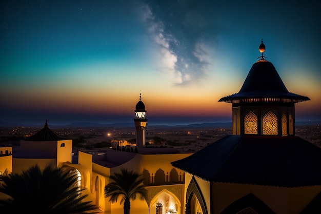 Ramadan Kareem Eid Mubarak FREE Photo Mosque Lamp in the Evening