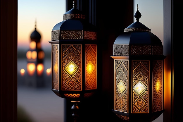 Ramadan Kareem Eid Mubarak FREE Photo Mosque Lamp in the Evening