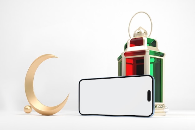 Free Photo ramadan phone 14 screen and lantern right side in white background