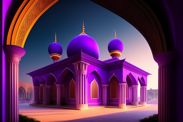 Free photo ramadan purple mosque with a blue background and purple walls