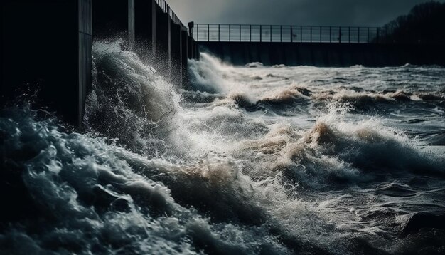 Rapid waves breaking generating hydroelectric power generated by AI