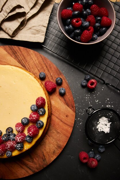 Raspberry, blackberry and blueberry cake, top view