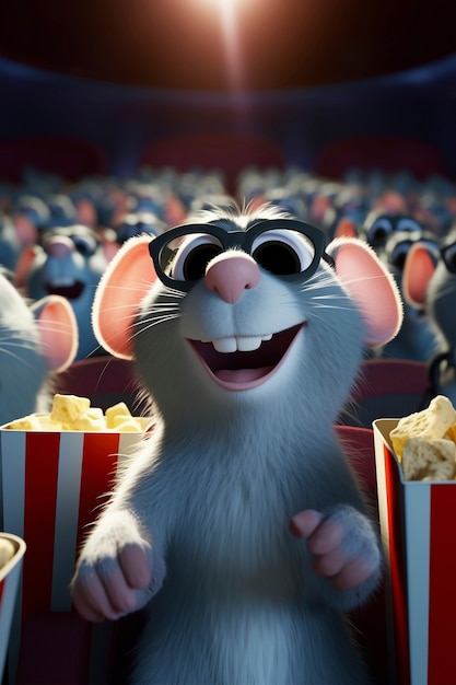 Rat at the cinema watching a movie with popcorn