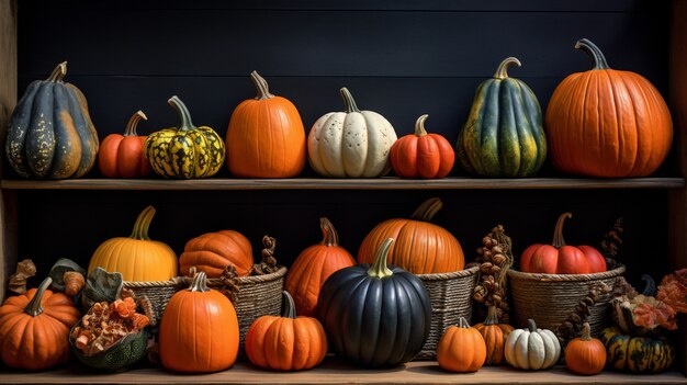 Raw beautiful pumpkins arrangement