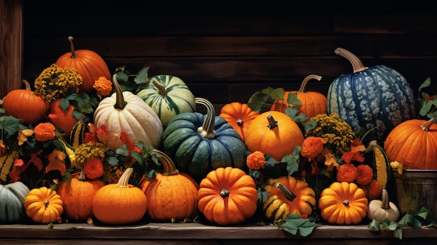 Raw beautiful pumpkins arrangement