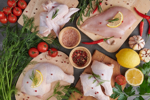 raw chicken fillet with garlic, pepper and rosemary on wooden on chopping board.