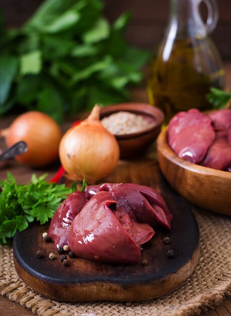 Raw chicken liver for cooking with onions and peppers