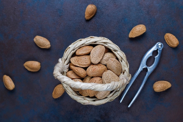 Raw fresh almonds with shell.