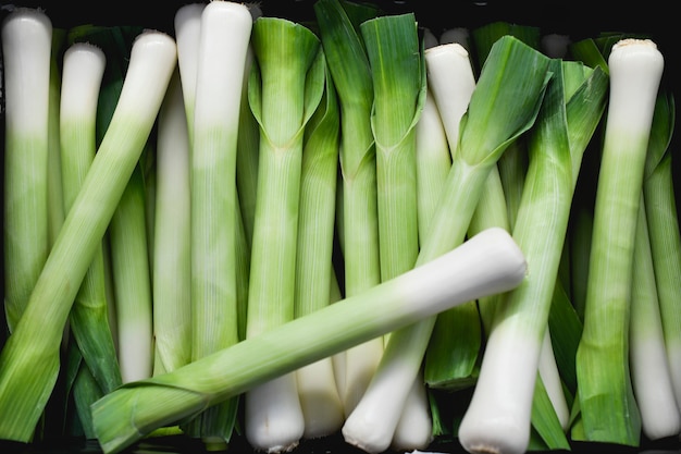 Raw green leek in a supermarket