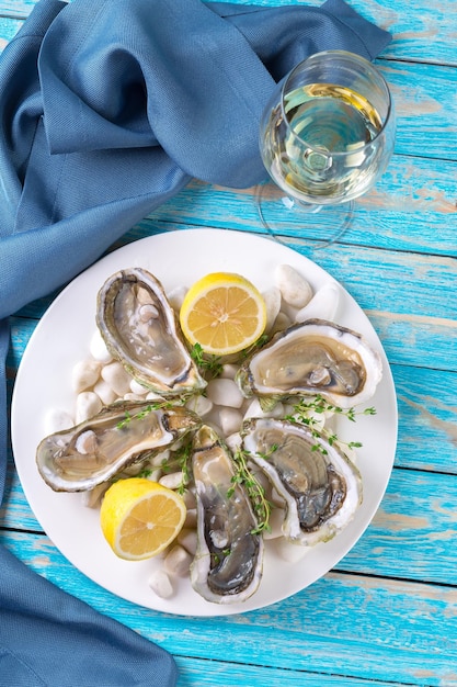 Free Photo raw oysters with lemon and ice