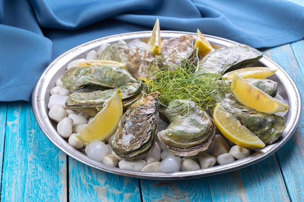 Raw oysters with lemon and ice