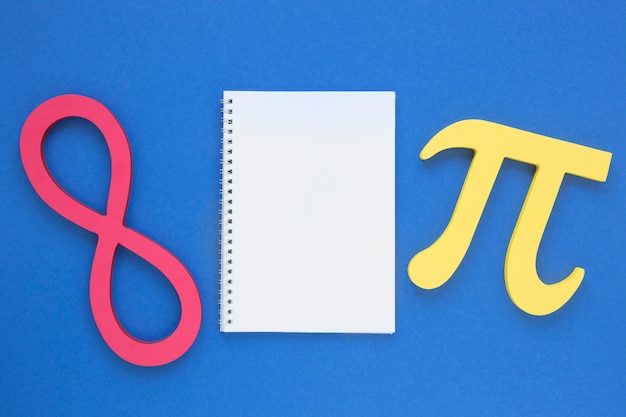 Free photo real science pi symbol and infinite symbol with empty notebook