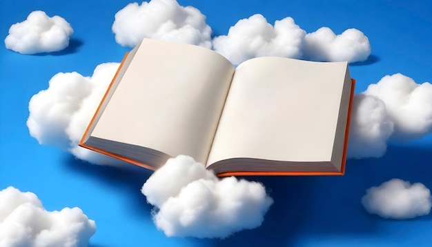 Realistic book with clouds on blue background