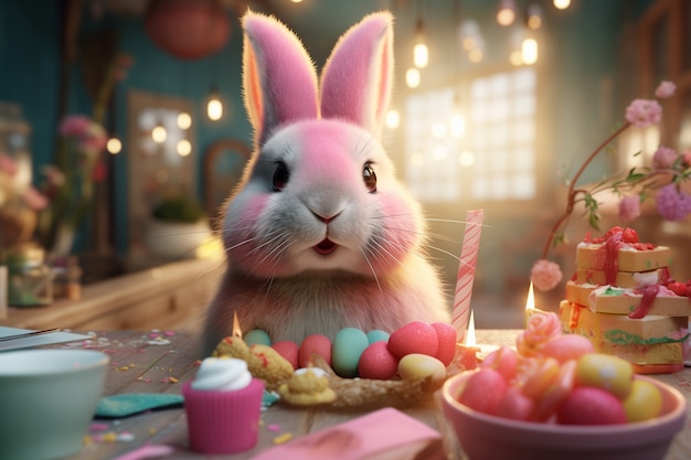 Free photo realistic cute easter bunny with easter eggs and sweets