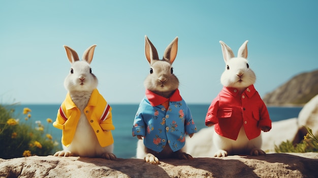 Free Photo realistic cute easter rabbits wearing colorful clothing on a coast background