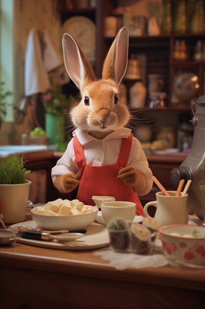 Realistic easter bunny cooking sweets with ingredients