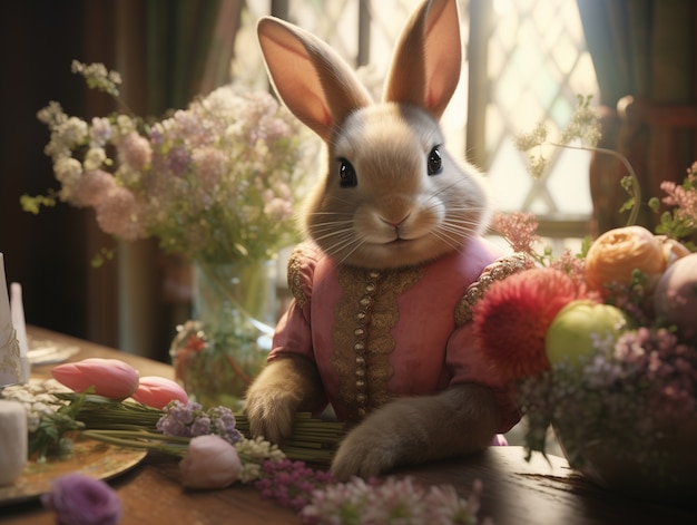 Free photo realistic easter bunny in a florist with a elegant dress