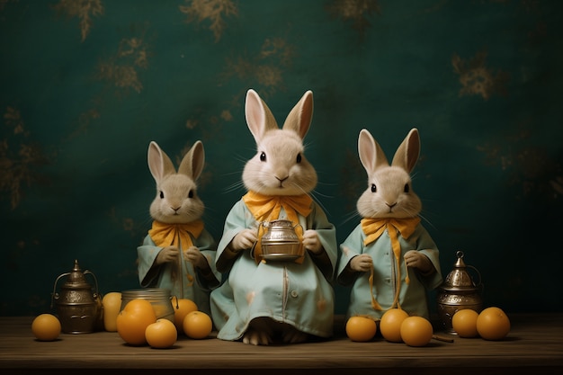 Realistic easter bunny wearing elegant clothing and fruits