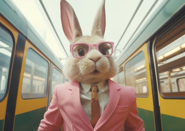 Realistic easter bunny wearing glasses and jacket suit in a train station