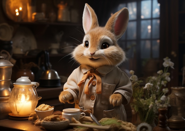 Realistic easter bunny with a candle and a coffee cup