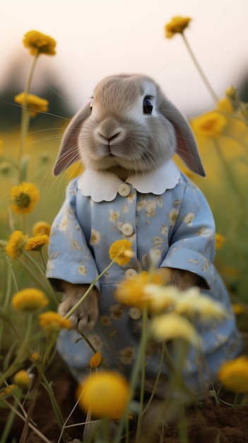 Realistic easter bunny with a floral dress in a daisy field