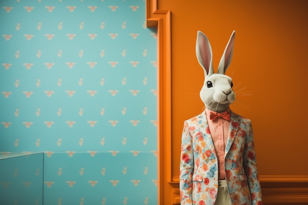 Realistic easter bunny with a floral jacket suit on a modern design background