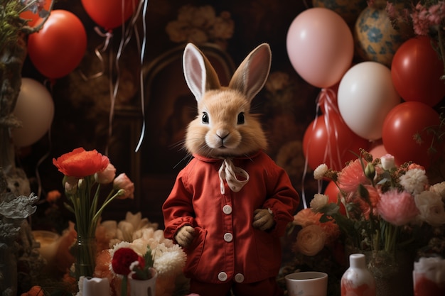 Free photo realistic easter bunny with a red coat in a florist with bouquet of flowers and balloons