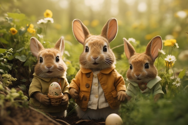 Realistic easter rabbits wearing clothing in a floral forest