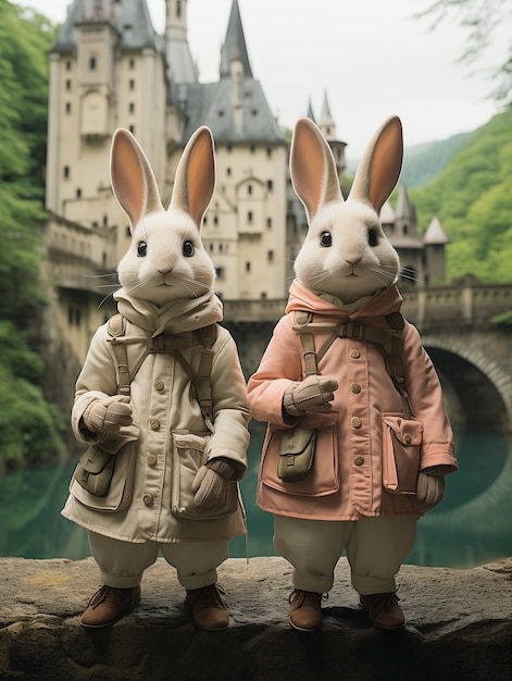 Free photo realistic easter rabbits wearing coat in a nature landscape with a fantasy castle