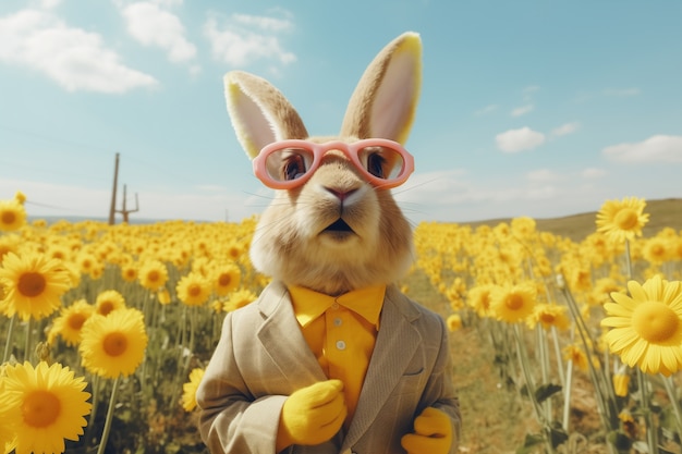 Realistic elegant easter bunny wearing glasses and jacket suit in a sunflower field