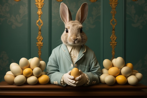 Realistic elegant easter bunny with easter eggs