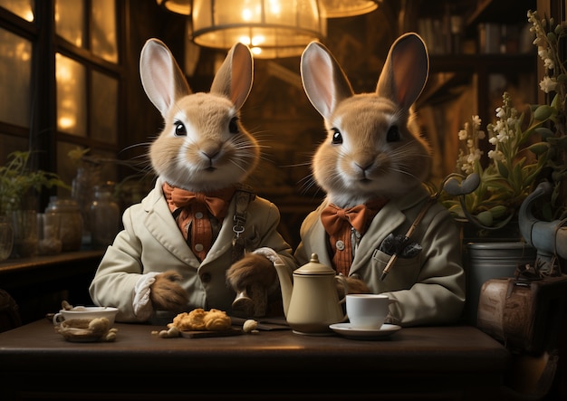 Realistic elegant easter rabbits having coffee in a restaurant