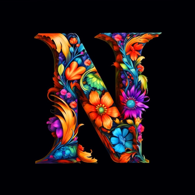 Realistic n letter with flowers