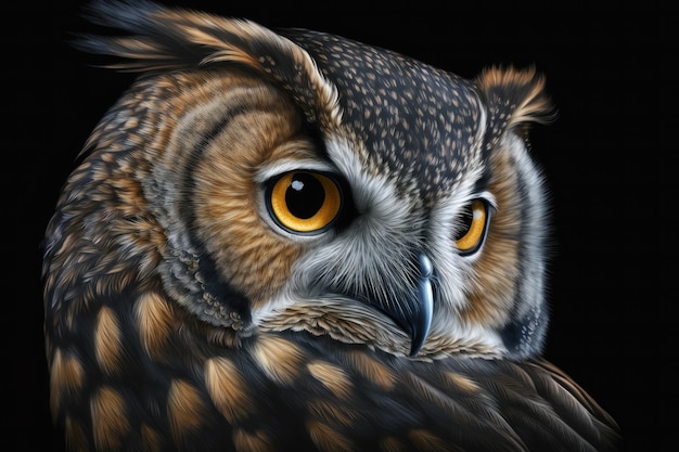 Free photo realistic portrait of an owl on a black background close upai generative